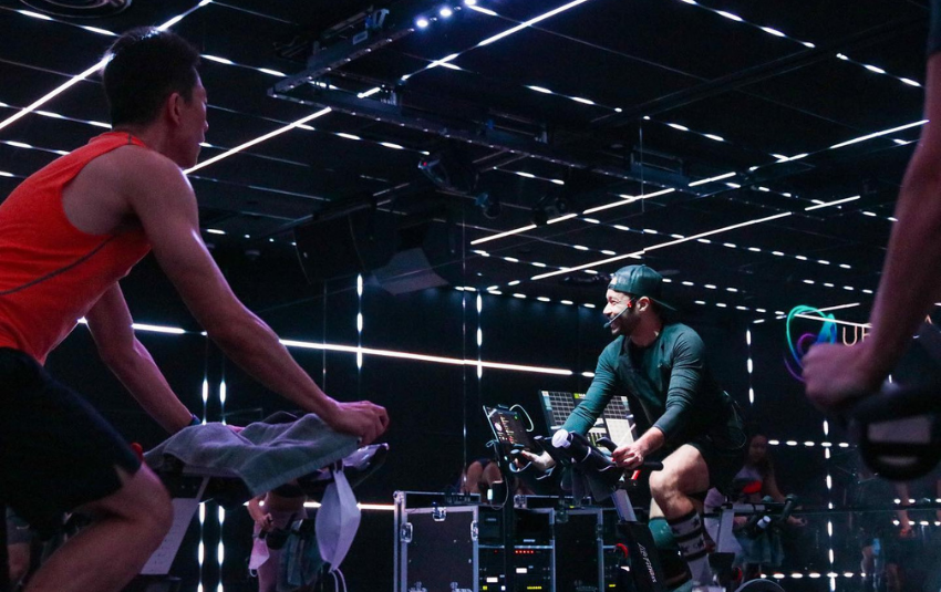 Aurora instructor during a spin class