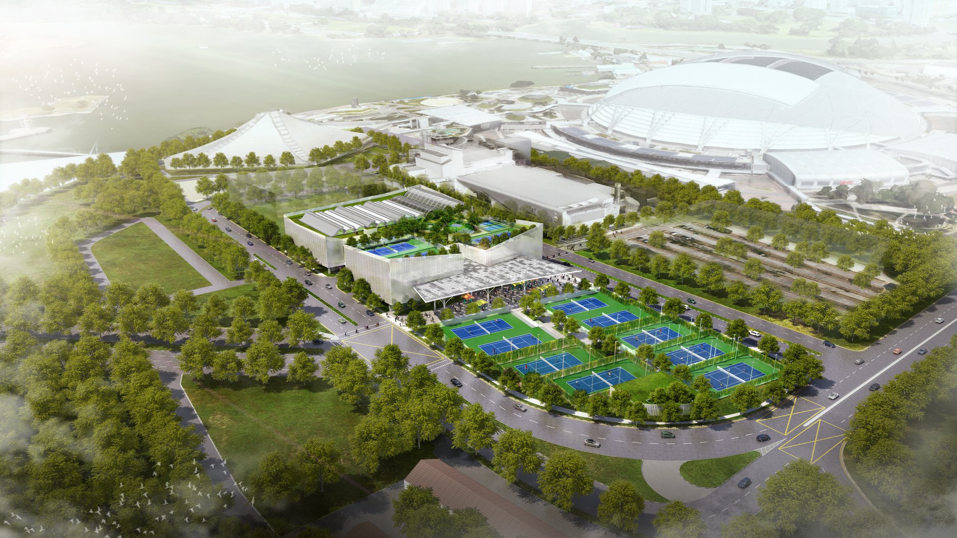 (Artist's impression of an aerial view of the future Kallang Tennis Centre)