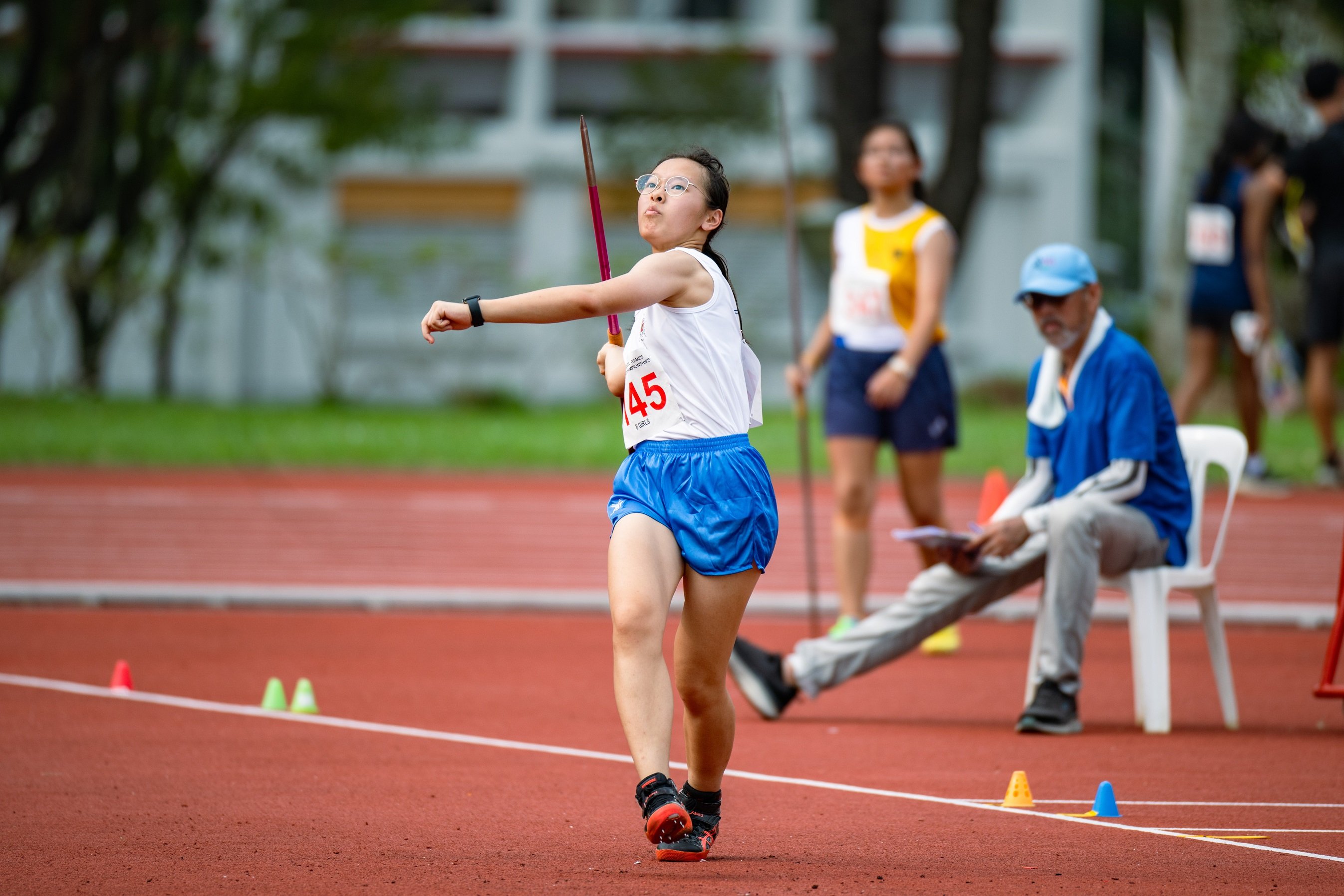 2023-04-14_National School Game T&F 2023 (PM)_Photo by Tom Ng Kok Leong_DSC_7224B Girls Javelin Chan Sok Mun (tag 145) of SNG 1st place 32.89m