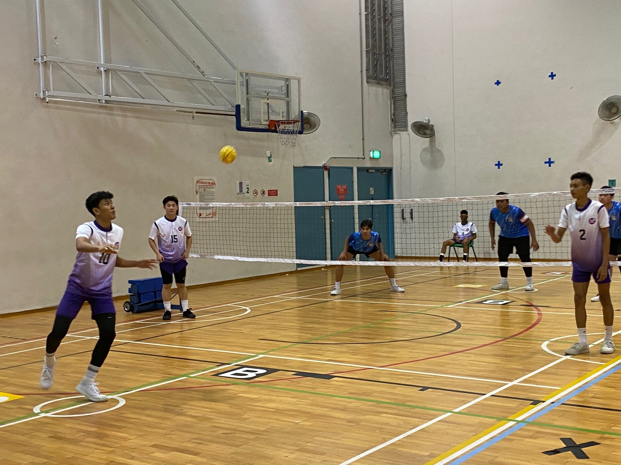 NSG A Div sepak takraw - Woodlands (blue) vs Northlight (purple) first regu