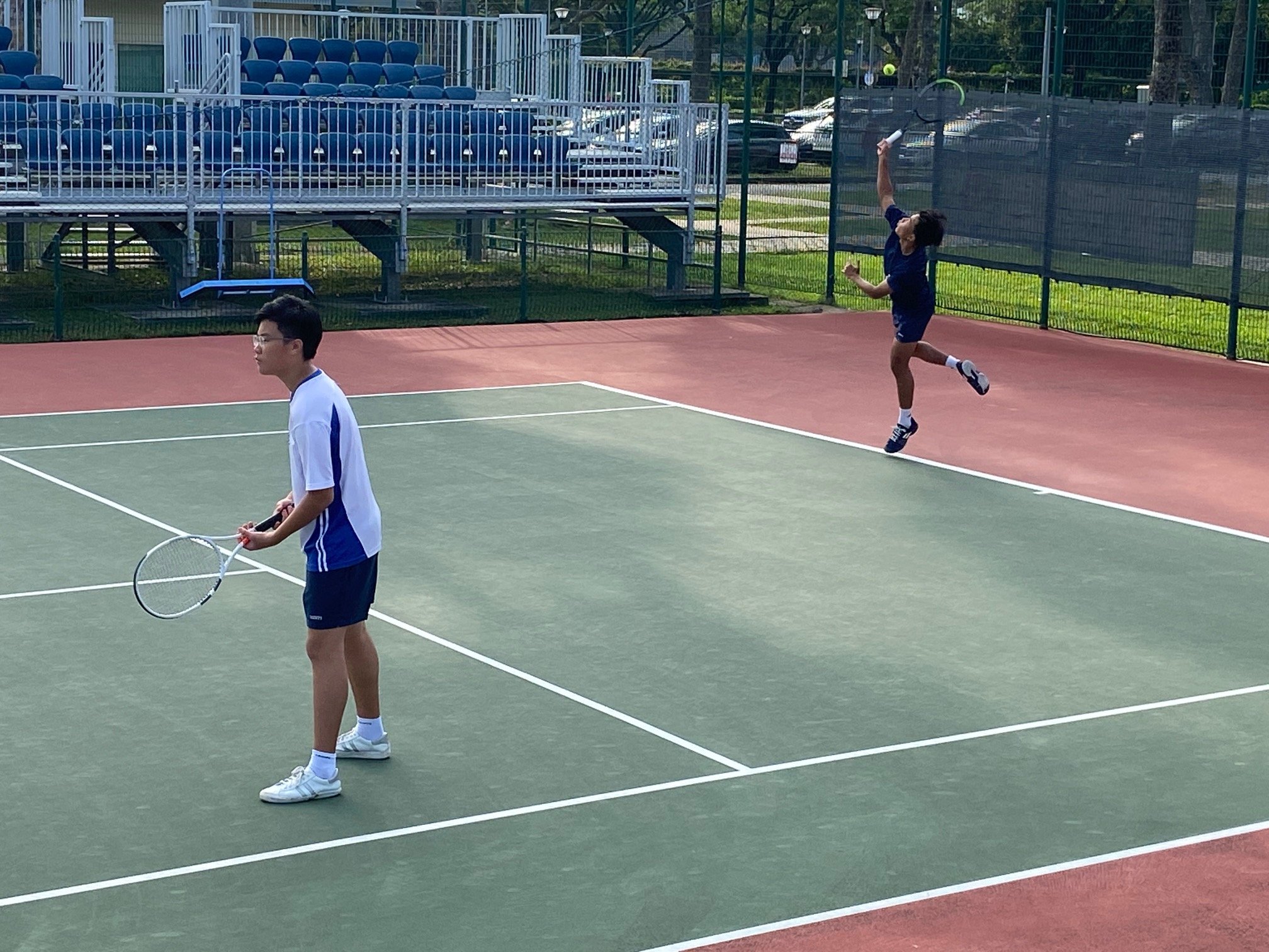 NSG B Div boys tennis - St Andrews Secondarys doubles pair Daniel Soon and Issac Delcarmen Ng in action at Kallang Tennis Centre
