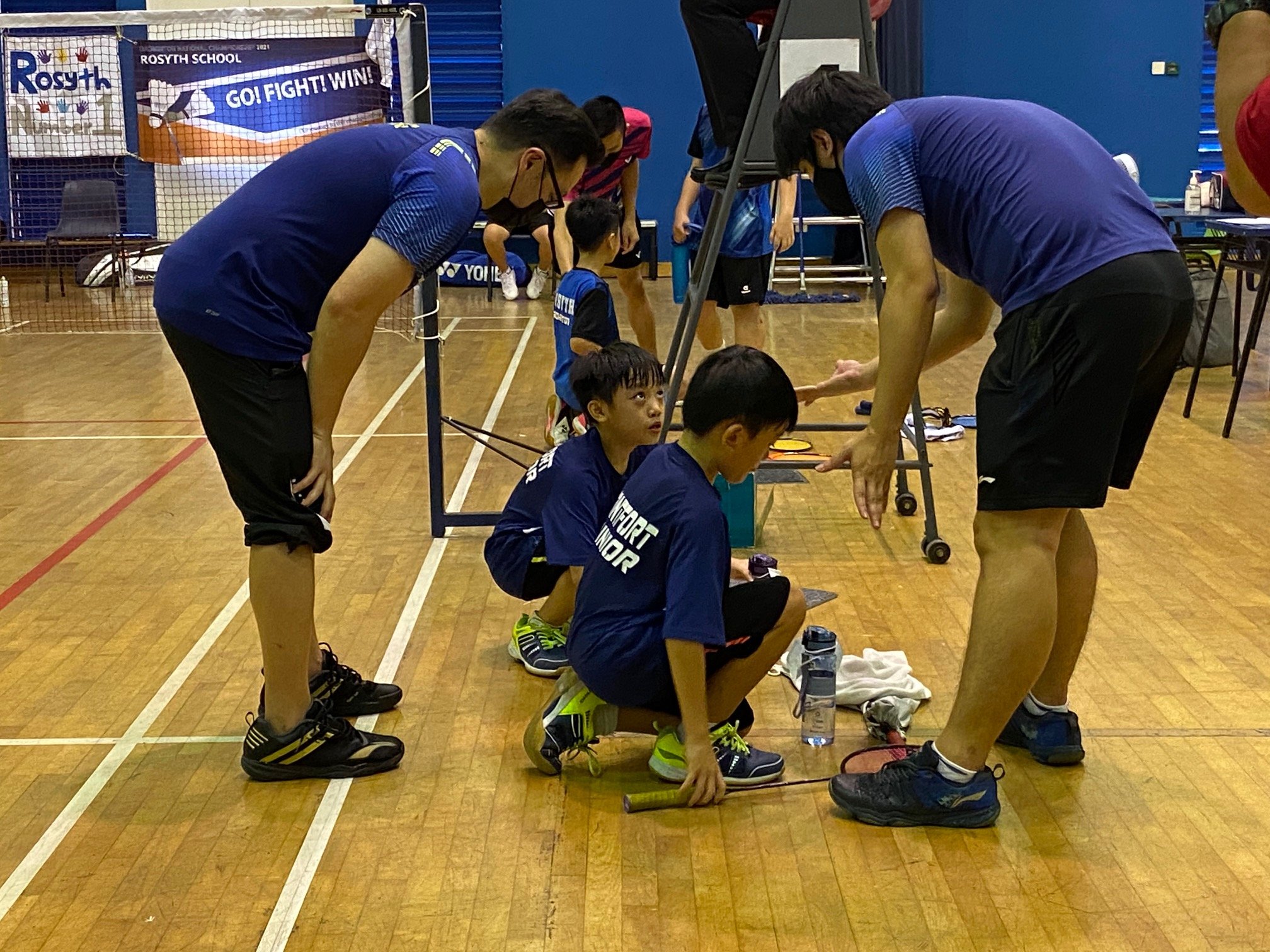 NSG Snr Div North Zone boys’ badminton final - Montfort twins and coaches in second doubles