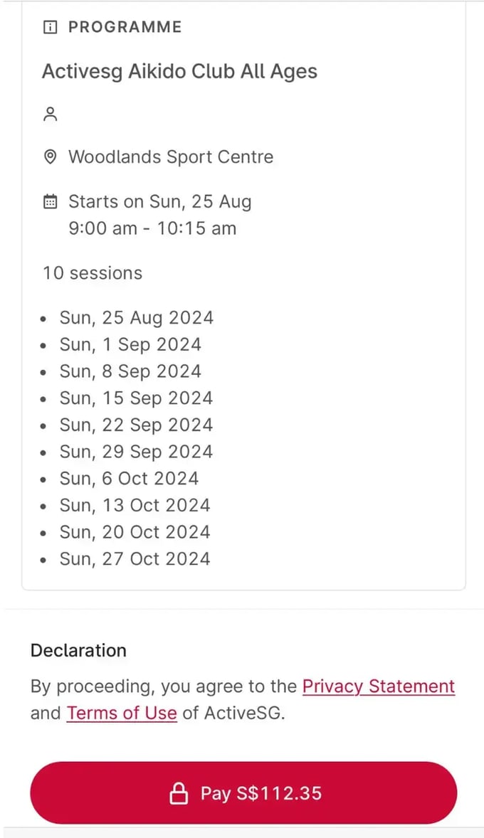 Step 6: The payment amount, date, activity, and venue will be displayed prior to payment