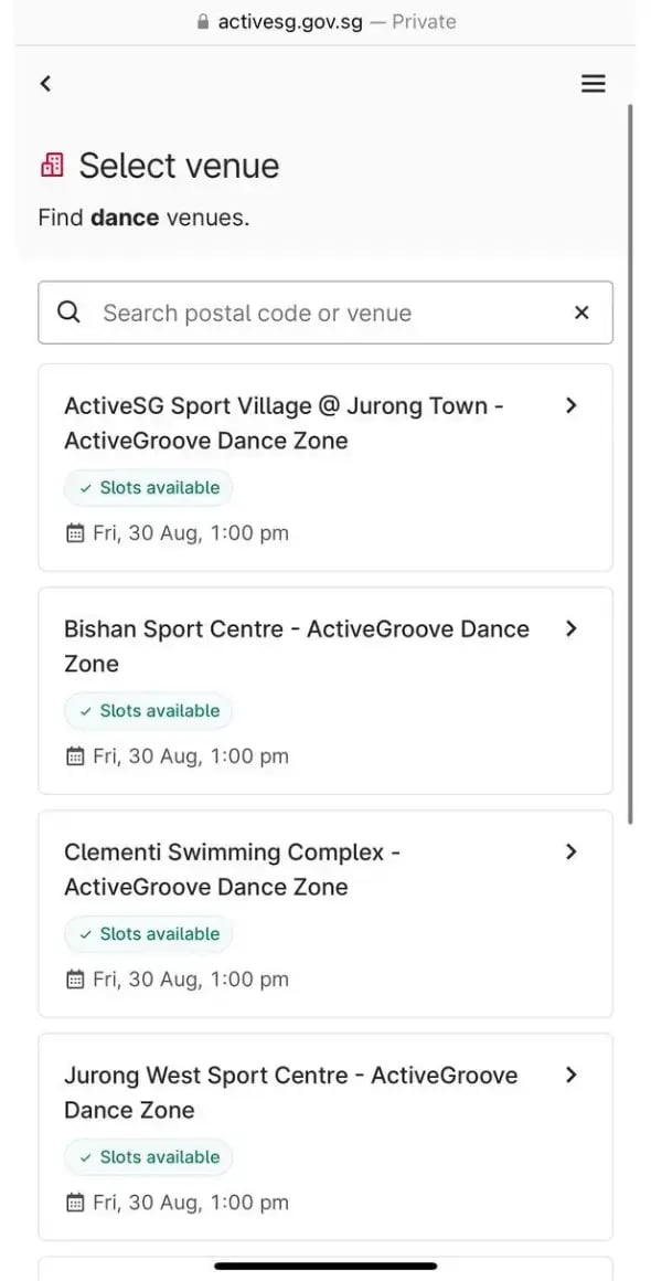 Step 2- Select the desired facility where the sport can be played