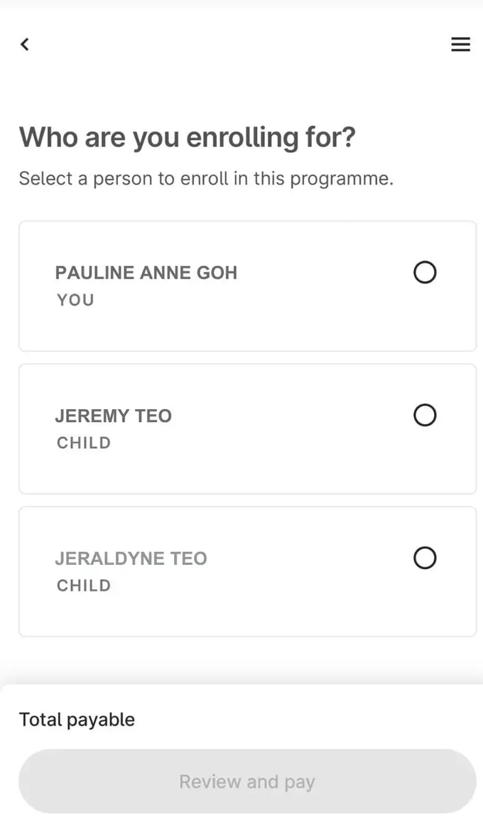 Step 3: Tap the button to select your child to enroll in the programme